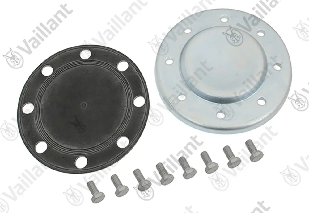 Zwei kreisförmige Flansche aus Metall und Gummi mit mehreren Bohrlöchern, begleitet von sechs Schrauben, präsentiert mit dem Logo von Vaillant im Hintergrund.